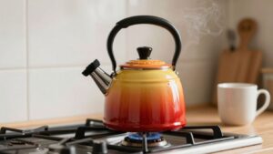 Le Creuset kettle on a stovetop with steam
