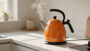 Bright orange electric kettle on a kitchen counter.