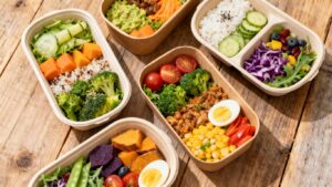 Eco-friendly lunch containers filled with colorful food.