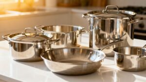 Shiny stainless steel pots and pans on a kitchen counter.