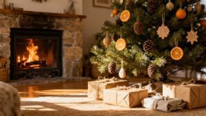Decorated real Christmas tree in a cozy living room.