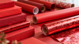 Various shades of red gift wrapping paper rolls.