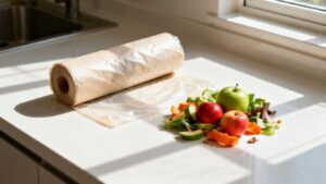 Compostable food waste bags and kitchen scraps.