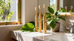 Eco-friendly electric toothbrushes on a bathroom counter with plants.