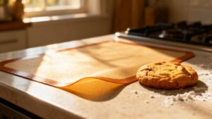 Reusable baking sheet with cookies on a kitchen counter.