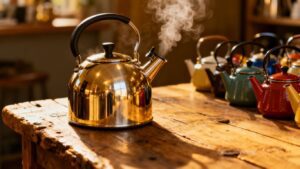 Stovetop kettles on a wooden surface.