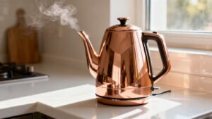 Stylish rose gold kettle on a kitchen counter.