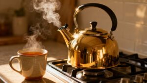Shiny tea kettle steaming on a stovetop next to a mug.