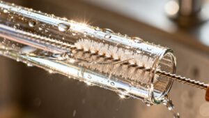 Brush cleaning a shiny reusable straw.
