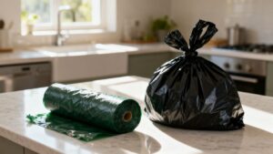 Kitchen counter with food bin bags and a tied bin bag.