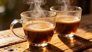 Reusable glass coffee cups filled with steaming coffee.