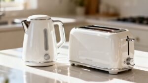 White kettle and toaster set on kitchen counter.