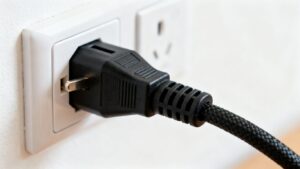 Kettle power lead plugged into a wall socket.