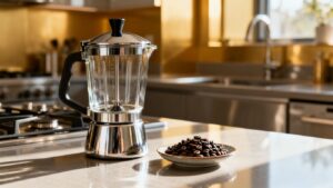 Glass and stainless steel coffee pot with coffee beans.