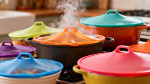 Silicone lids sealing pots and bowls.