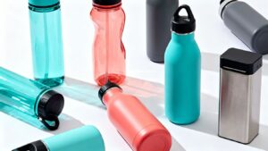 Various BPA-free water bottles in different colors and materials.