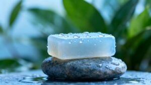 Raindrops soap bar with water droplets on a stone.