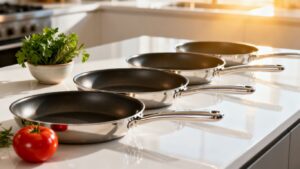Five non-toxic frying pans on a kitchen counter.