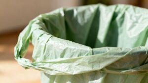 Compostable food bin bags in a pile.