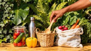 Sustainable lifestyle with reusable items and fresh produce.