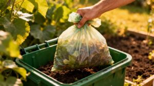 Compostable bag being placed in a compost bin.