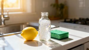 Citric acid, lemon, and sponge on a clean kitchen counter.