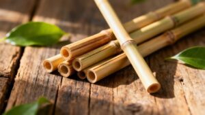 Natural bamboo drinking straws on a wooden surface with leaves.
