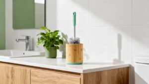 Eco-friendly toilet brush on a bathroom vanity.