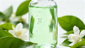 Eco-friendly laundry detergent bottle with green leaves.