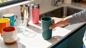 Reusable cups on a countertop, a hand reaching for one.