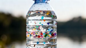 Plastic particles floating in bottled water.