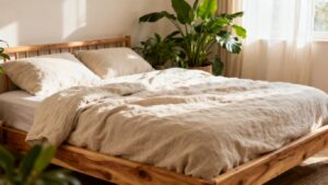 Eco-friendly bed with organic linens and plants.
