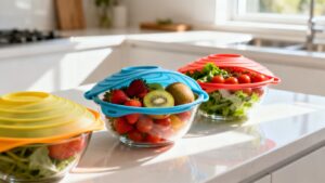 Colorful silicone food covers on kitchen bowls.
