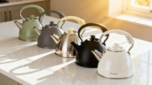Various Dunelm kettles on a kitchen counter.