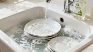 Sparkling clean dishes in a sink with eco dish soap.