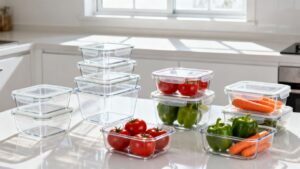 Assorted plastic food containers filled with fresh produce.
