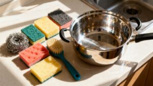 Various kitchen scourers and a clean pot on a counter.