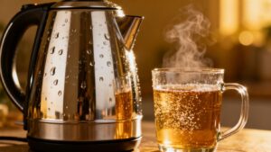 Modern kettle and sparkling clean tea