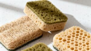 Eco-friendly kitchen sponges on a counter.