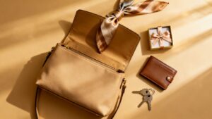 Neatly packed purse with gift box inside.