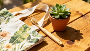 Eco-friendly gifts like bamboo toothbrush and tote bag.