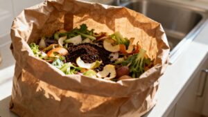 Large compostable bag filled with kitchen scraps.