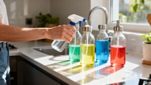 Refill cleaning products in reusable bottles on a kitchen counter.