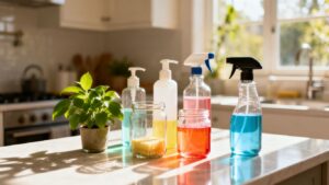 Refillable cleaning products on a kitchen counter.