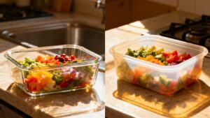 Glass and plastic food containers side-by-side on a kitchen counter.