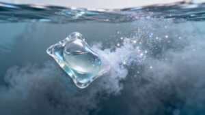 Dissolving laundry pod releasing particles into water.