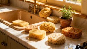 Eco-friendly kitchen sponges on a counter.