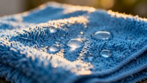 Close-up of a wet blue microfibre cloth.