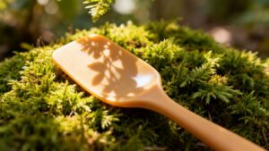 Silicone spatula on green moss with dappled sunlight.