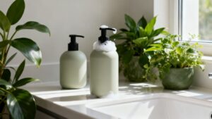 Refillable hand soap dispensers on a countertop with plants.